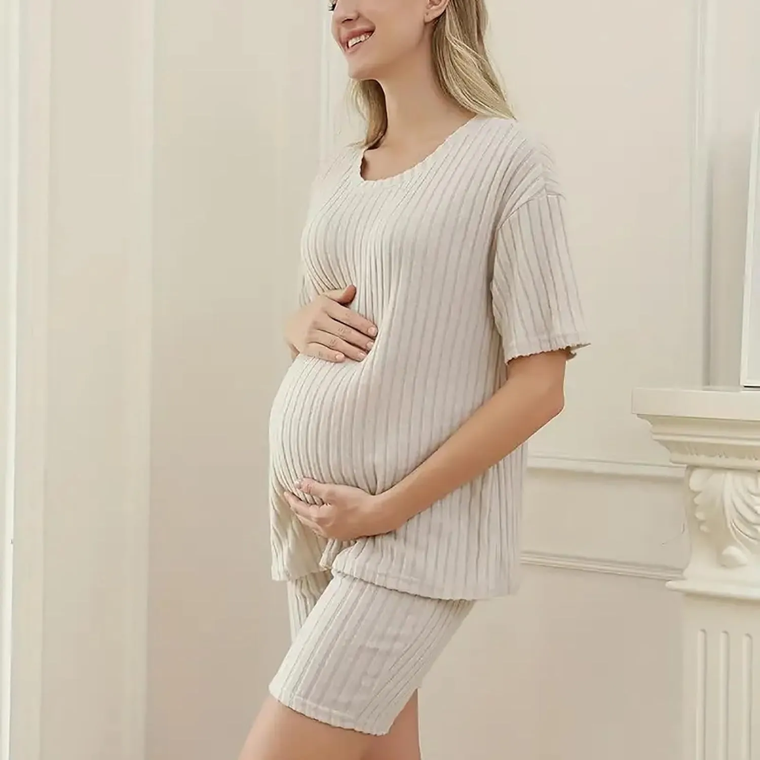 Women's Maternity Pajamas Set 2 Piece Outfits Ribbed Knit Short Sleeve T Shirt and Biker Shorts Lounge Set Sleepwear