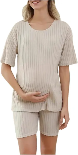 Women's Maternity Pajamas Set 2 Piece Outfits Ribbed Knit Short Sleeve T Shirt and Biker Shorts Lounge Set Sleepwear