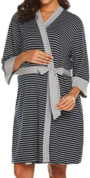 Women's Maternity Robe Casual Striped Nursing Gown Loose Comfy Breastfeeding Dress Bathrobes Sleepwear