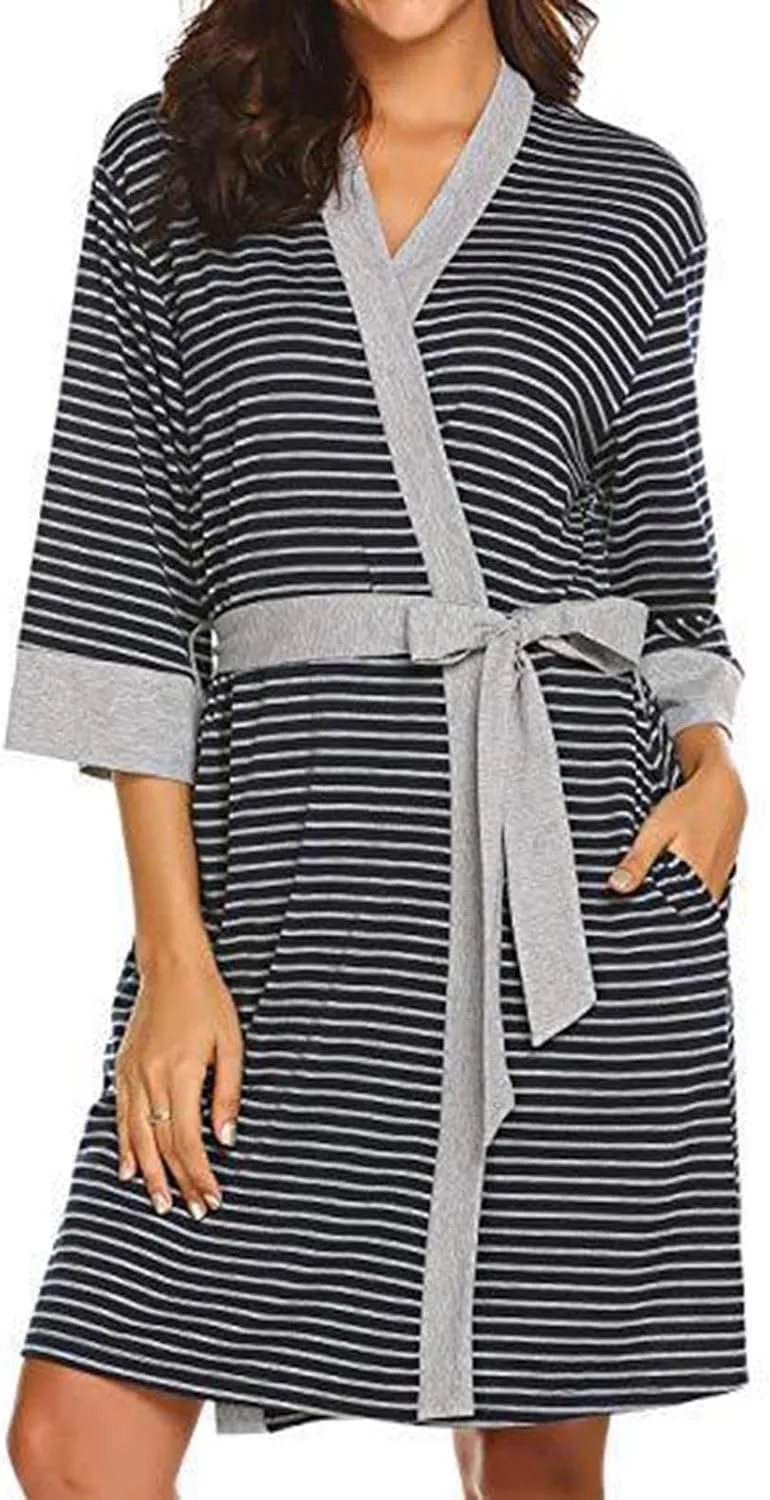 Women's Maternity Robe Casual Striped Nursing Gown Loose Comfy Breastfeeding Dress Bathrobes Sleepwear