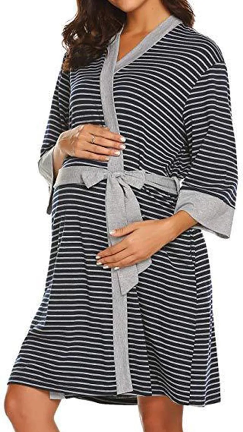 Women's Maternity Robe Casual Striped Nursing Gown Loose Comfy Breastfeeding Dress Bathrobes Sleepwear