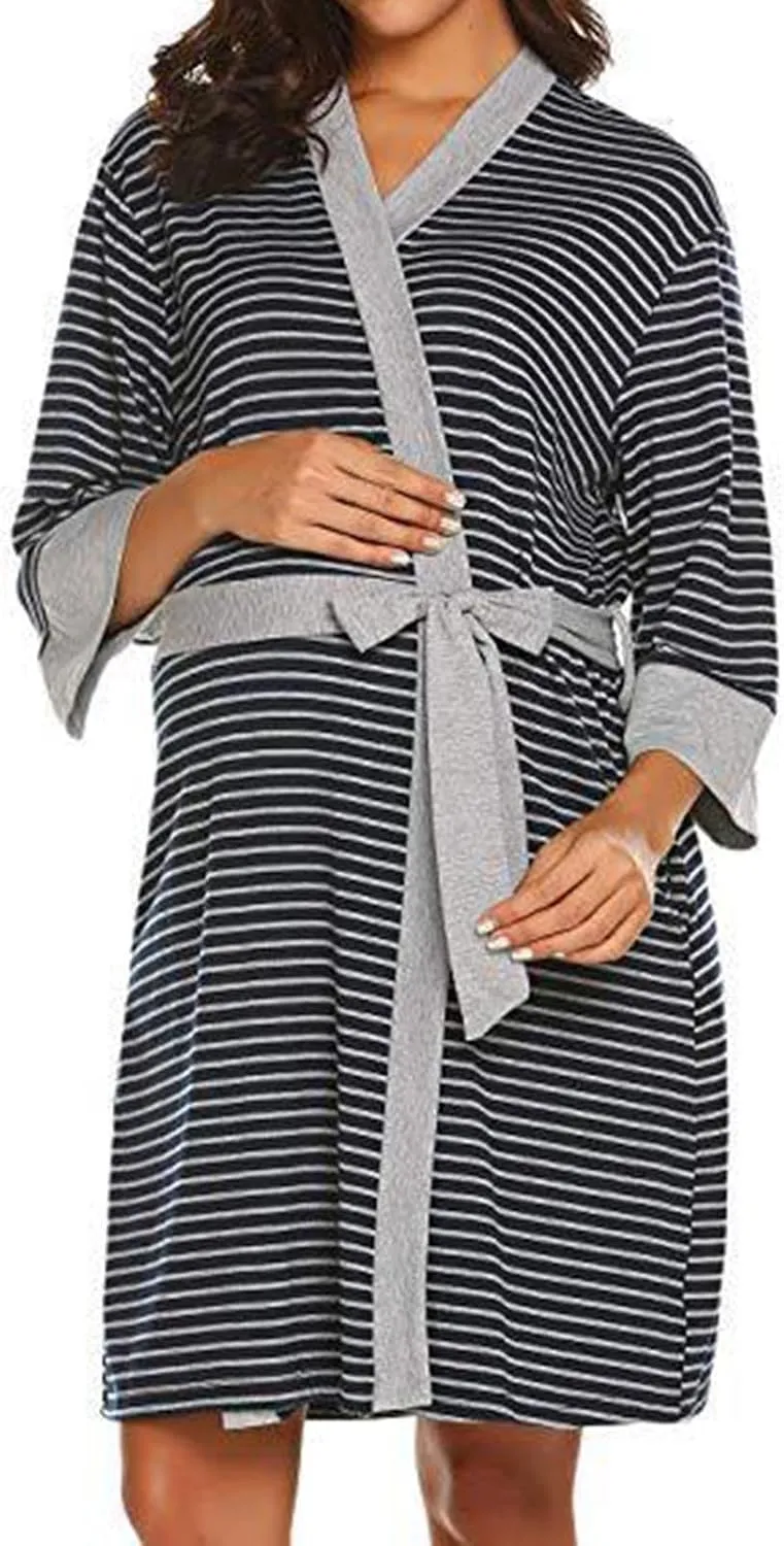 Women's Maternity Robe Casual Striped Nursing Gown Loose Comfy Breastfeeding Dress Bathrobes Sleepwear