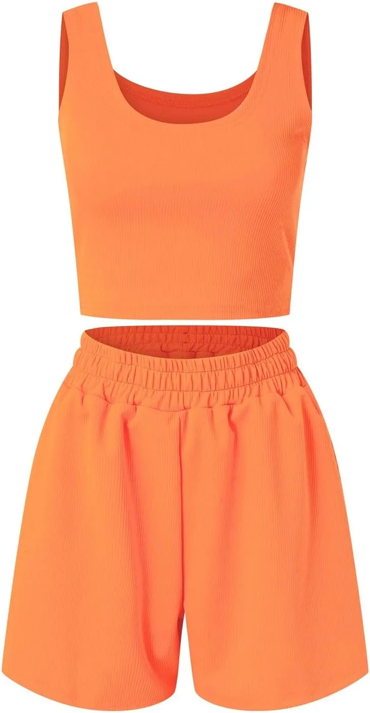 Women's Mathing Lounge Sets Ribbed Knit Sleeveless Tank Tops anf High Waisted Shorts 2 Piece Athletic Workout Sets Summer Pjs