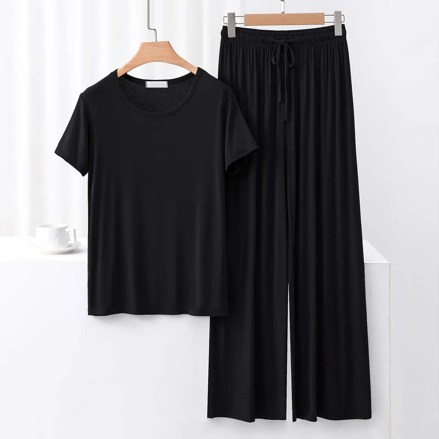 Womens Modal Pajama Sets Short Sleeve Crew Neck Top with Wide Leg Pants 2 Piece Pjs Sets Summer Sleepwear Lounge Set