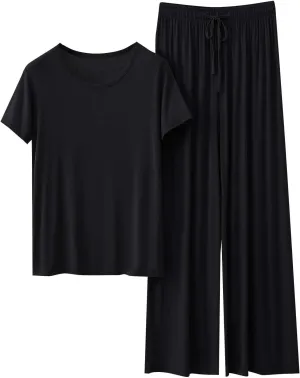 Womens Modal Pajama Sets Short Sleeve Crew Neck Top with Wide Leg Pants 2 Piece Pjs Sets Summer Sleepwear Lounge Set