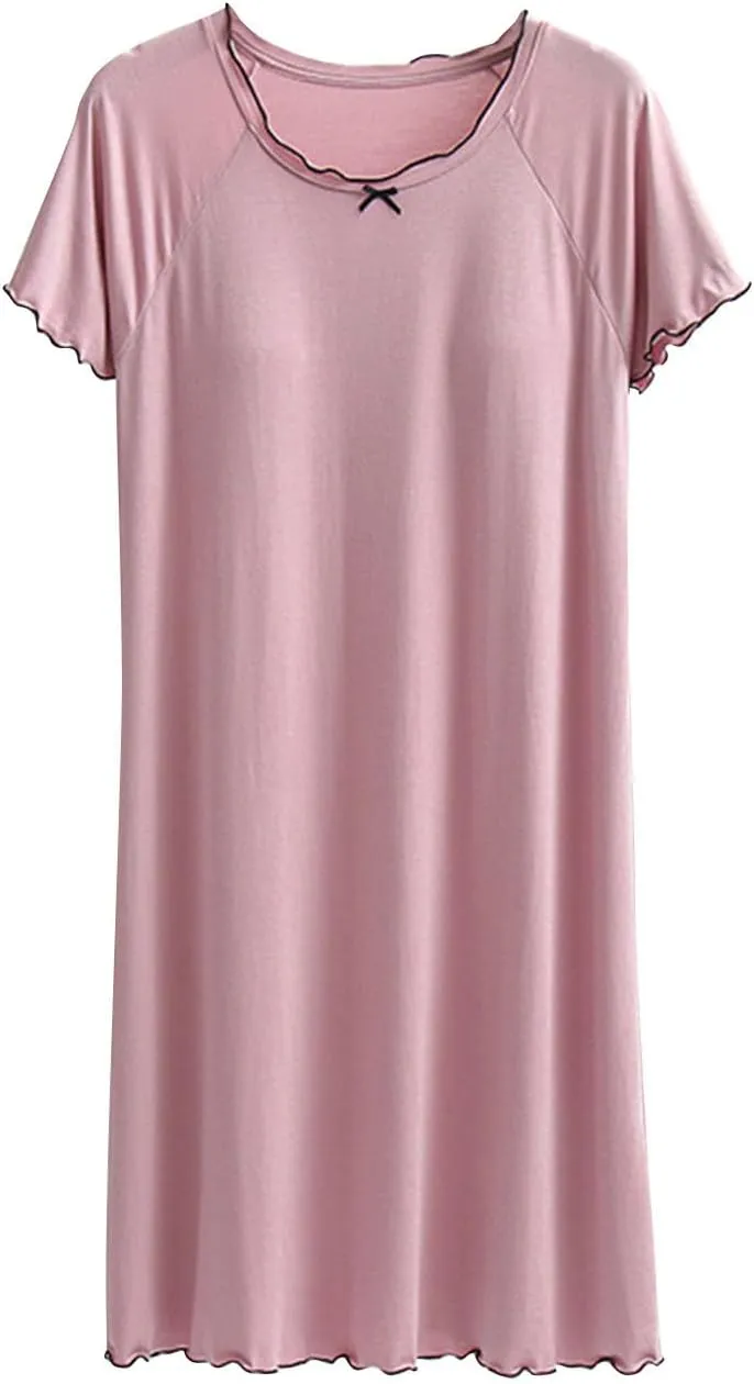 Women's Nightgown Bulit in Bra Cotton Soft Short Sleeve Nightshirt V Neck Loose Fit Sleep Tshirt Lounge House Dress