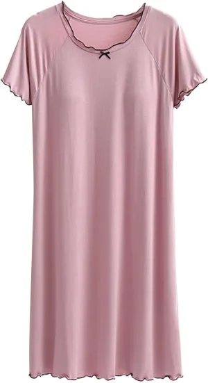 Women's Nightgown Bulit in Bra Cotton Soft Short Sleeve Nightshirt V Neck Loose Fit Sleep Tshirt Lounge House Dress