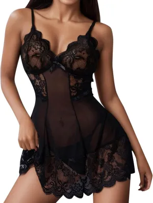 Women's Nightie Costume Lingerie for Women Lace Straps Chemise Babydoll Sexy Patchwork Sheer V Neck Flattering Teddy