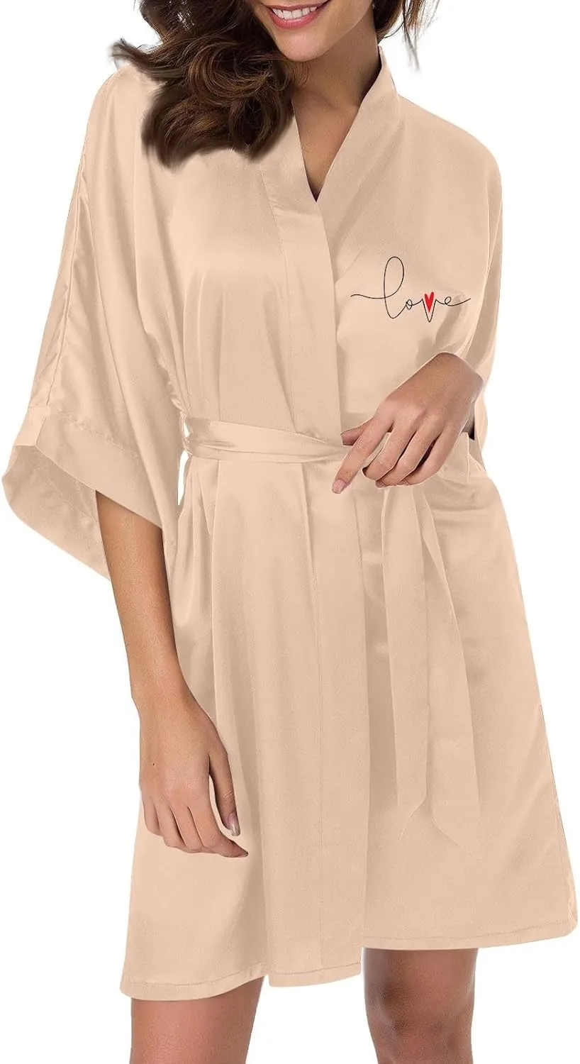 Women's Nightwear Satin Robe Valentines Lingerie Kimono Short Belted Robes Bridesmaids Sleepwear Pajama, S-2XL