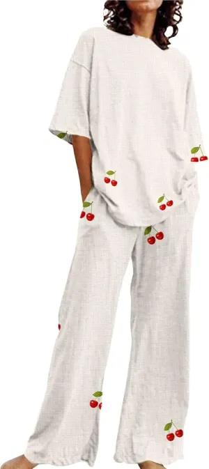 Women's Pajama Set Women Suitable Summer O Neck Loose Short Sleeve Floral Print Top Shirt with 2 Piece Lounge Set Pj