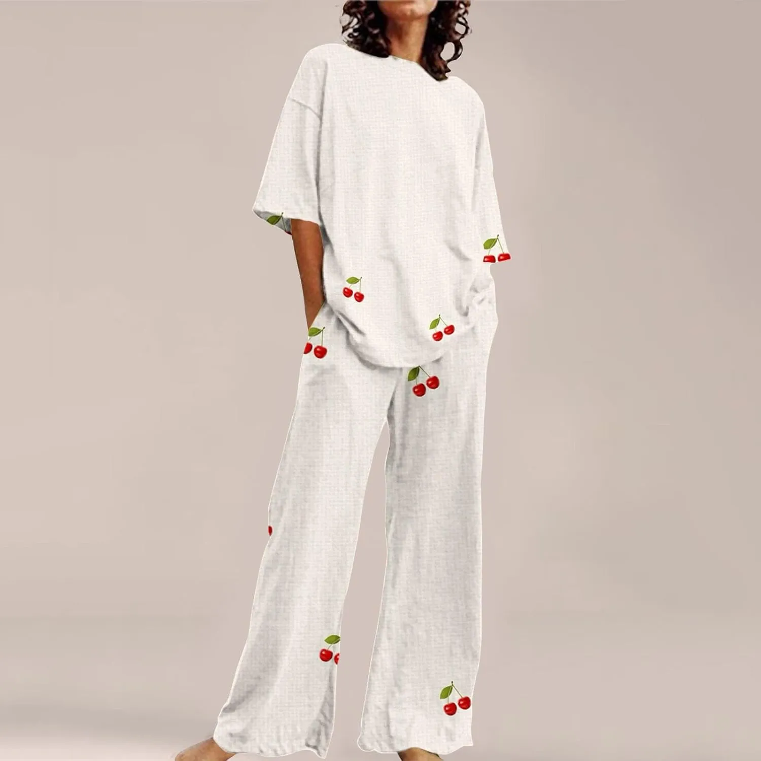 Women's Pajama Set Women Suitable Summer O Neck Loose Short Sleeve Floral Print Top Shirt with 2 Piece Lounge Set Pj