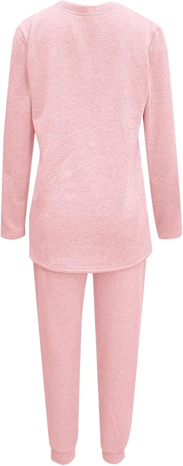 Women's Pajama Set Women's Fleece Solid Color Casual Comfort Warm Cotton Padded Home Pantsuit Short Sleeve Sleepwear