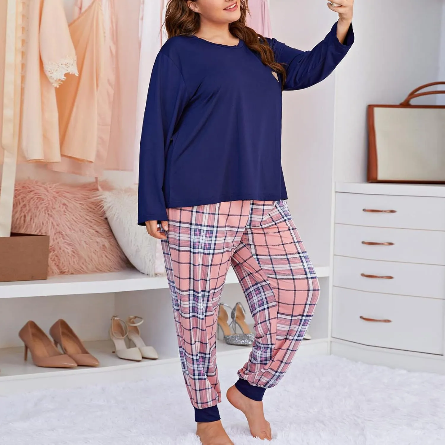 Womens Pajama Sets 2 Piece Cozy Long Sleeve Pj Set Ladies Lounge Set Girls Sleepwear Loungewear Nightwear Plus Size