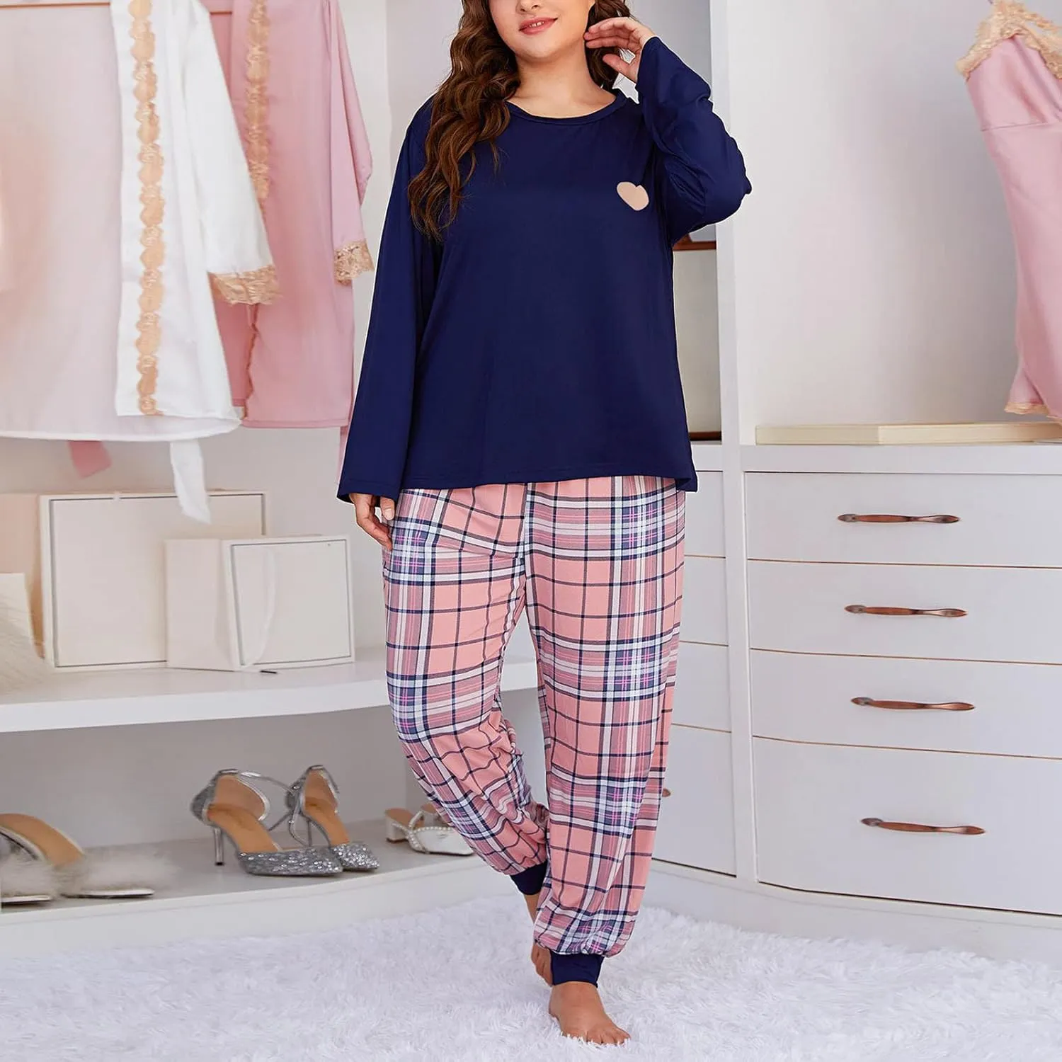 Womens Pajama Sets 2 Piece Cozy Long Sleeve Pj Set Ladies Lounge Set Girls Sleepwear Loungewear Nightwear Plus Size