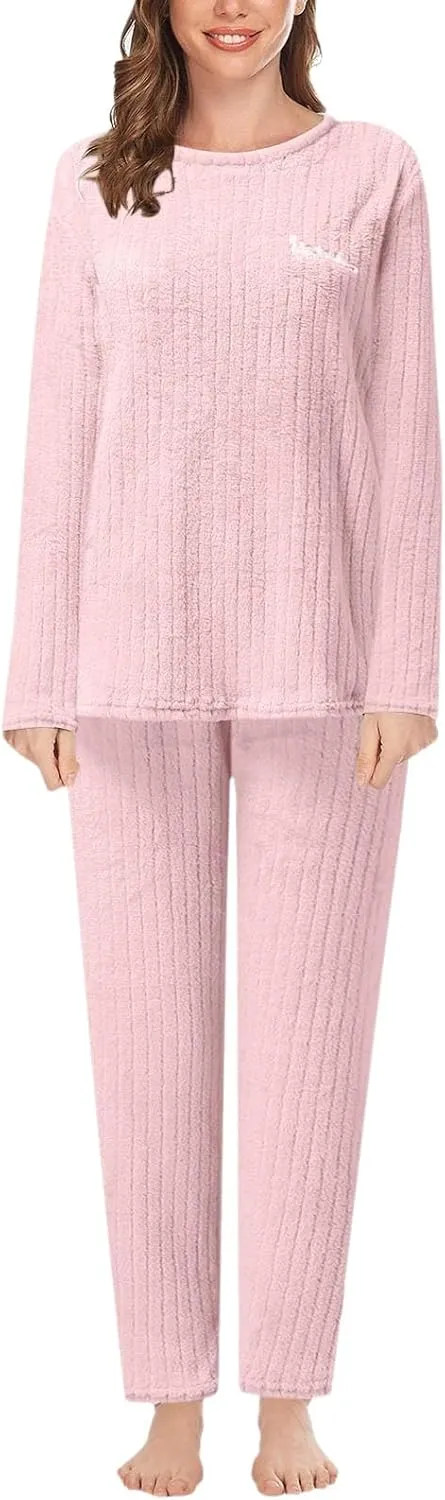 Women's Pajama Sets 2 Piece Cozy Long Sleeve Ribbed Knit Pj Set Ladies Flannel Warm Lounge Set Sleepwear Loungewear