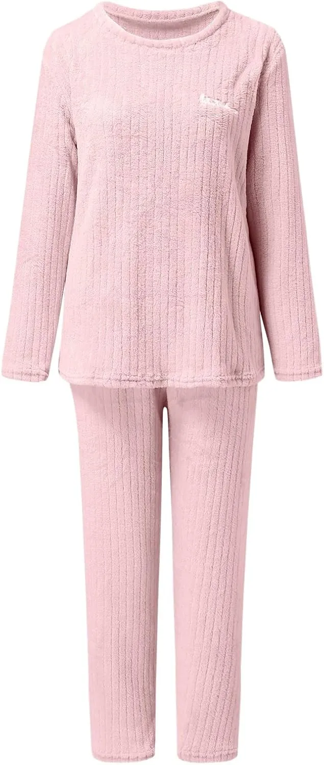 Women's Pajama Sets 2 Piece Cozy Long Sleeve Ribbed Knit Pj Set Ladies Flannel Warm Lounge Set Sleepwear Loungewear