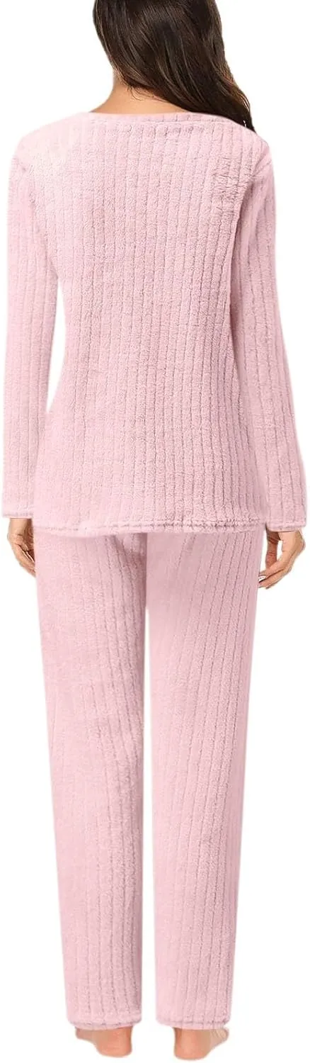 Women's Pajama Sets 2 Piece Cozy Long Sleeve Ribbed Knit Pj Set Ladies Flannel Warm Lounge Set Sleepwear Loungewear