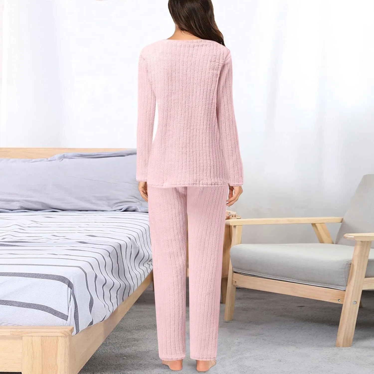 Women's Pajama Sets 2 Piece Cozy Long Sleeve Ribbed Knit Pj Set Ladies Flannel Warm Lounge Set Sleepwear Loungewear