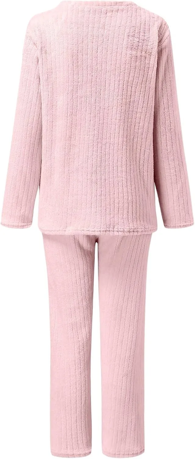 Women's Pajama Sets 2 Piece Cozy Long Sleeve Ribbed Knit Pj Set Ladies Flannel Warm Lounge Set Sleepwear Loungewear