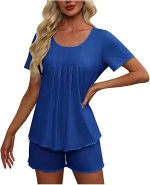 Womens Pajama Sets 2 Piece Pleated Scoop Neck Short Sleeve PJs Tops and Shorts Set Lounge Sets Soft Comfy Sleepwear