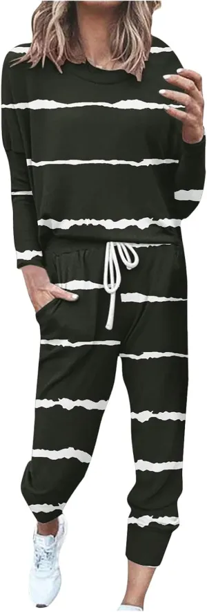 Womens Pajama Sets 2 Piece Women's Two Outfit Long Sleeve Crewneck Pullover Tops and Long Pants Tracksuit Sweatsuits
