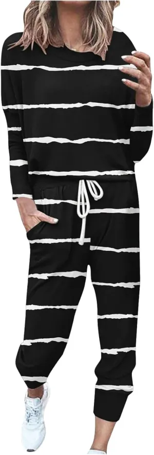 Womens Pajama Sets 2 Piece Women's Two Outfit Long Sleeve Crewneck Pullover Tops and Long Pants Tracksuit Sweatsuits