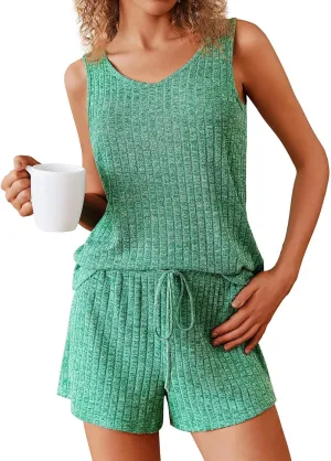 Womens Pajama Sets Casual Loose V Neck Ribbed Knit Tank Tops Drawstring Shorts Summer Sleepwear Lounge Set