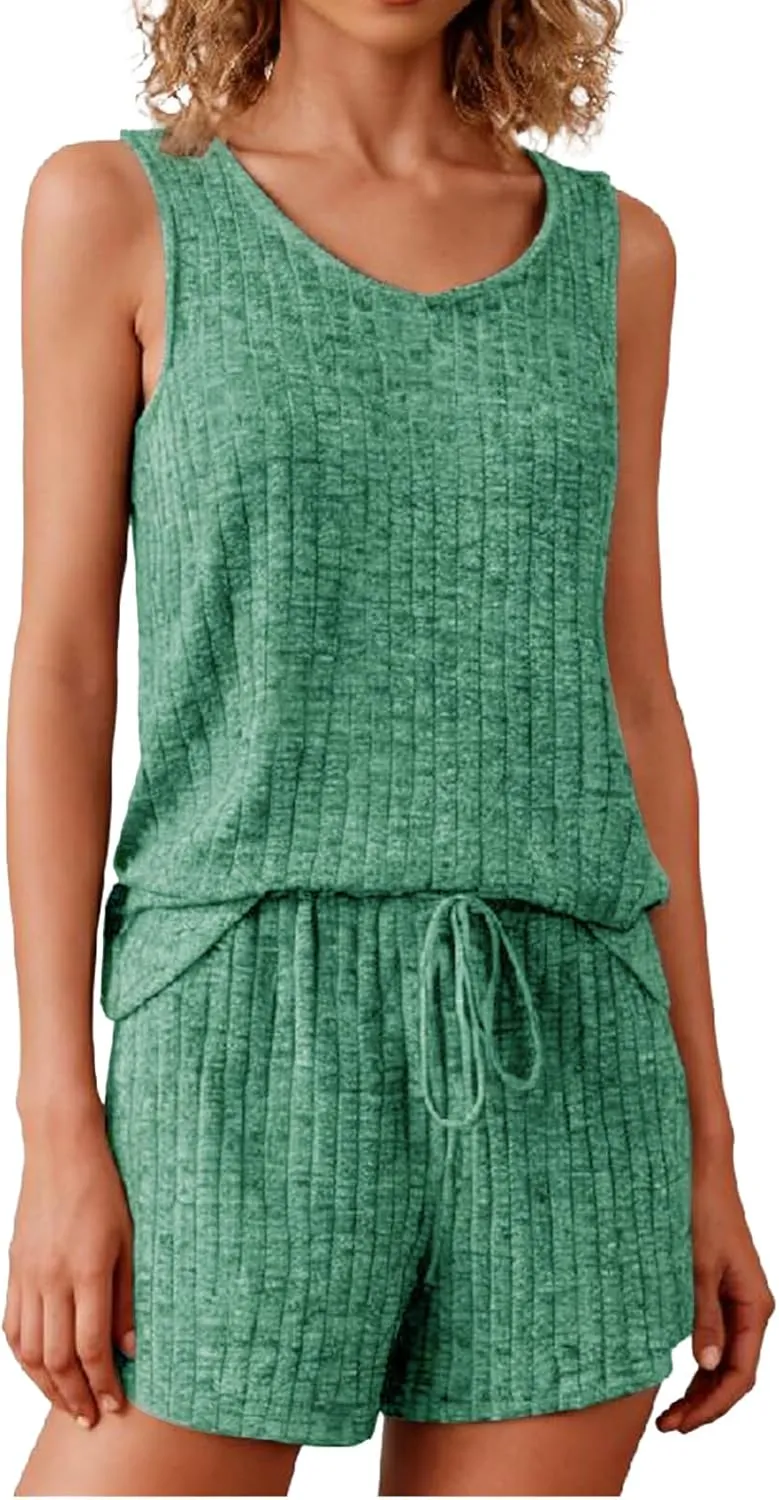 Womens Pajama Sets Casual Loose V Neck Ribbed Knit Tank Tops Drawstring Shorts Summer Sleepwear Lounge Set