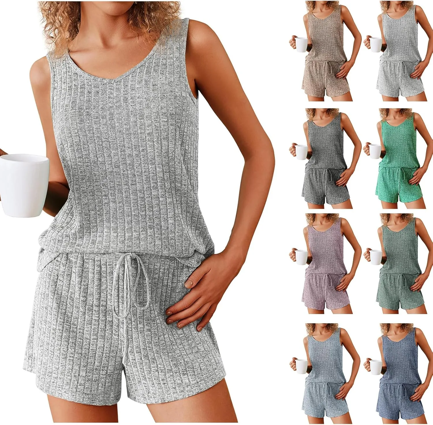 Womens Pajama Sets Casual Loose V Neck Ribbed Knit Tank Tops Drawstring Shorts Summer Sleepwear Lounge Set
