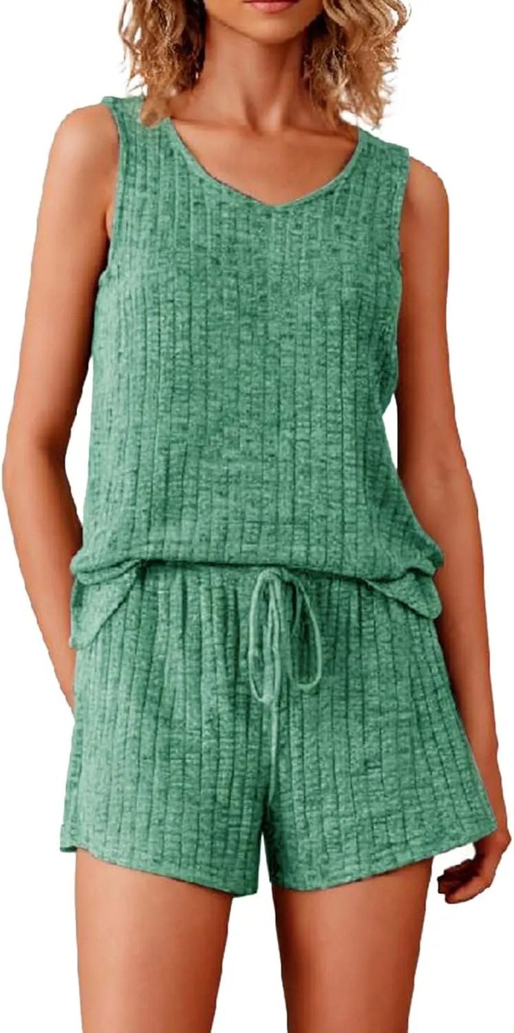 Womens Pajama Sets Casual Loose V Neck Ribbed Knit Tank Tops Drawstring Shorts Summer Sleepwear Lounge Set