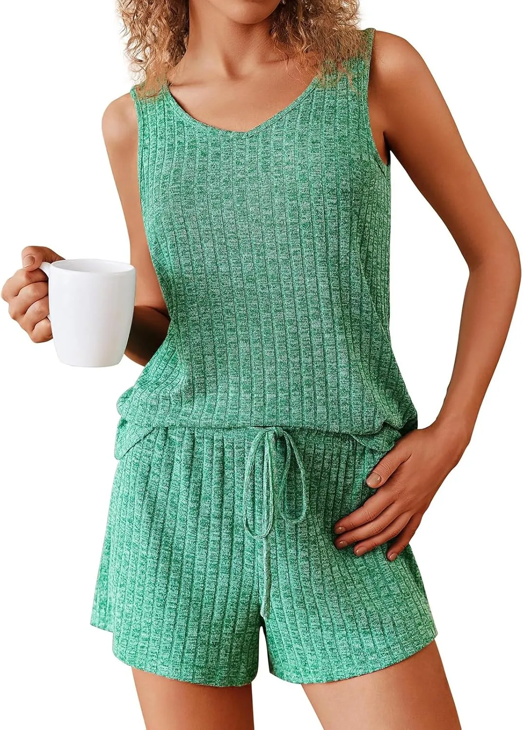 Womens Pajama Sets Casual Loose V Neck Ribbed Knit Tank Tops Drawstring Shorts Summer Sleepwear Lounge Set