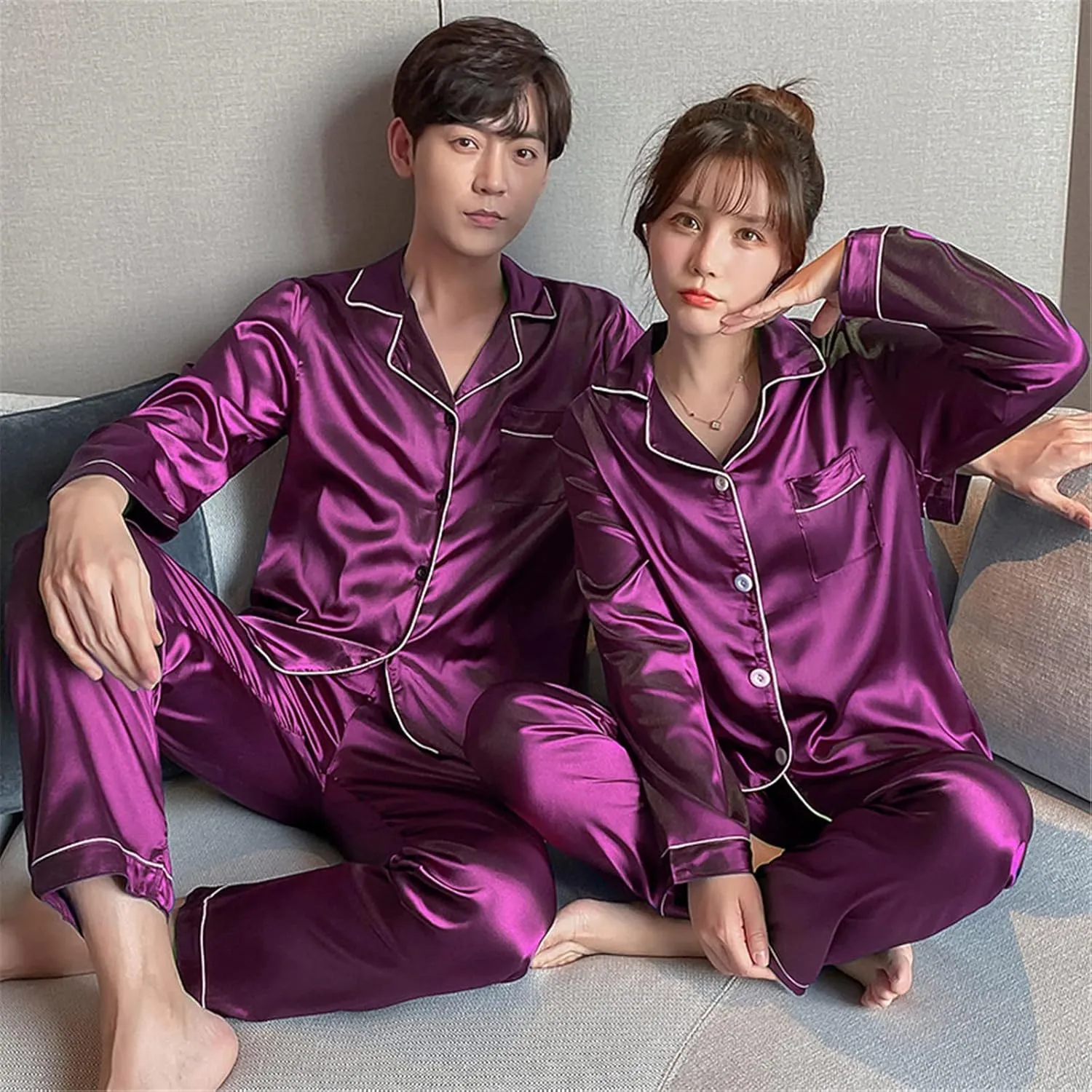 Womens Pajama Sets Men'S Casual Pyjamas Long Sleeve Blouse Button Silk Satin Two Sleepwear 2024 Fall Outfits Clothes