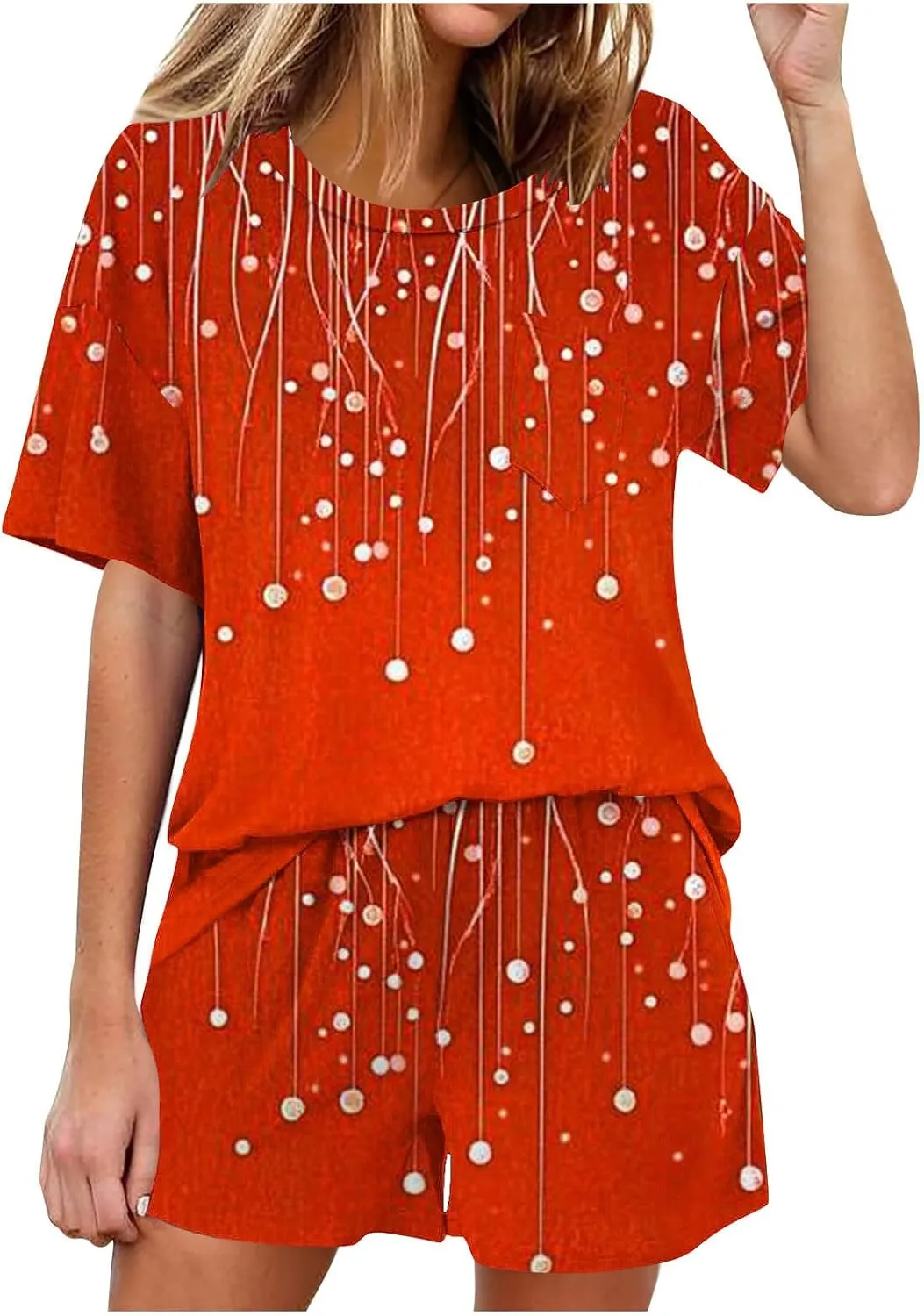 Womens Pajama Sets Print Crewneck Short Sleeve Pajamas Set Shorts 2 Piece Soft Pjs Summer Comfy Sleepwear Outfits