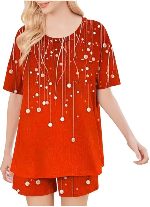 Womens Pajama Sets Print Crewneck Short Sleeve Pajamas Set Shorts 2 Piece Soft Pjs Summer Comfy Sleepwear Outfits