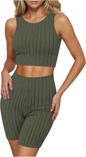 Womens Pajama Sets Ribbed Knit 2 Piece Lounge Set Summer Tank Crop Top and Shorts Sleepwear Cute PJ Set Loungewear