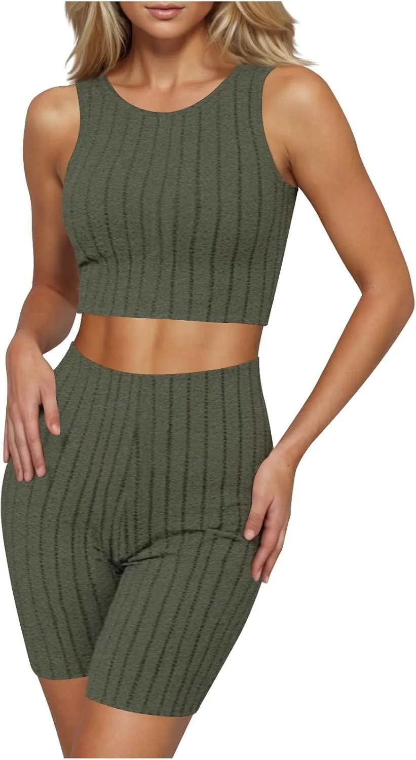 Womens Pajama Sets Ribbed Knit 2 Piece Lounge Set Summer Tank Crop Top and Shorts Sleepwear Cute PJ Set Loungewear