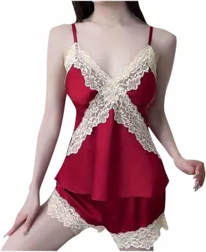 Womens Pajama Sets Satin Sleepwear Silk Lace Lingerie Cami Shorts Lounge Set Sexy Camisole Nightwear 2 Piece Outfits