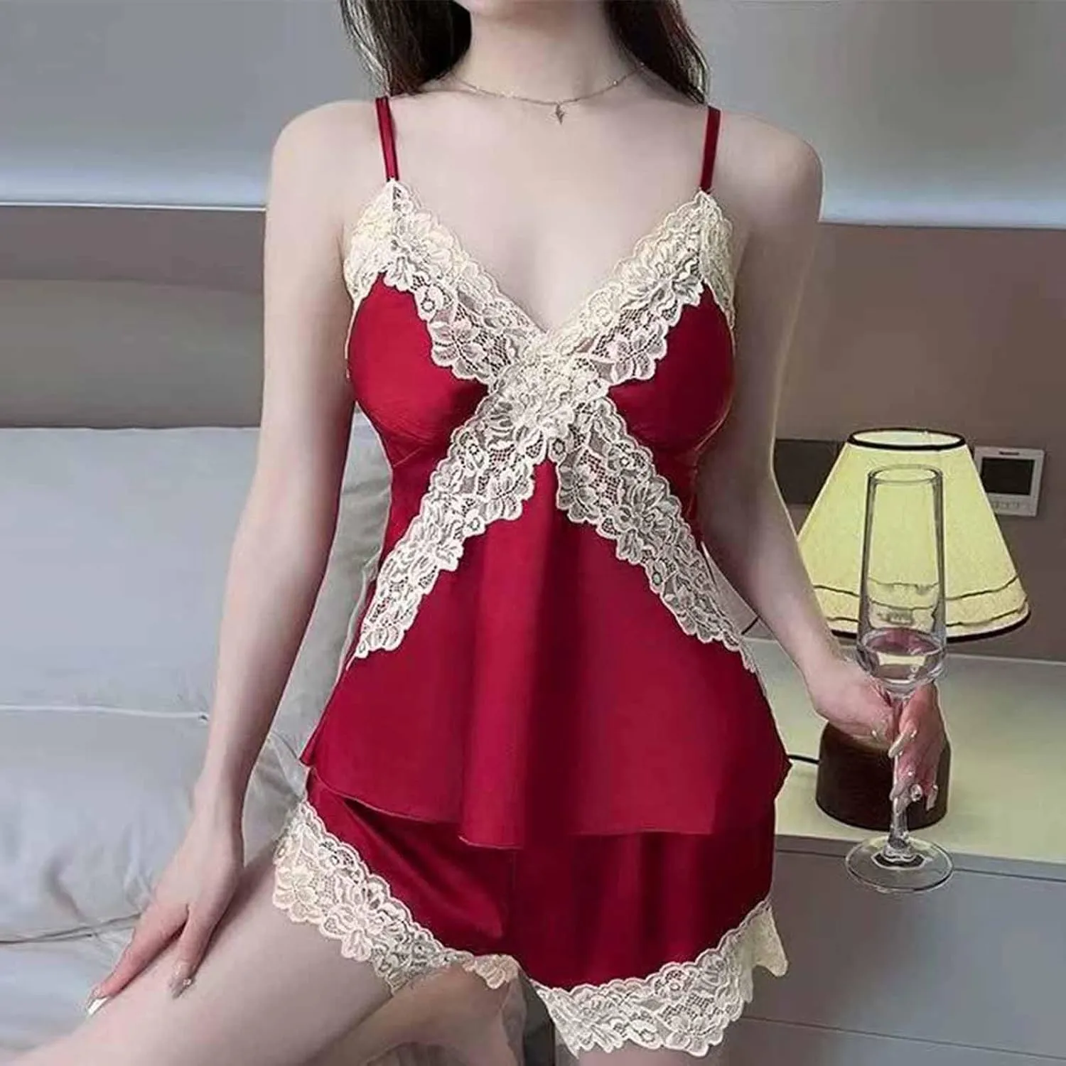 Womens Pajama Sets Satin Sleepwear Silk Lace Lingerie Cami Shorts Lounge Set Sexy Camisole Nightwear 2 Piece Outfits
