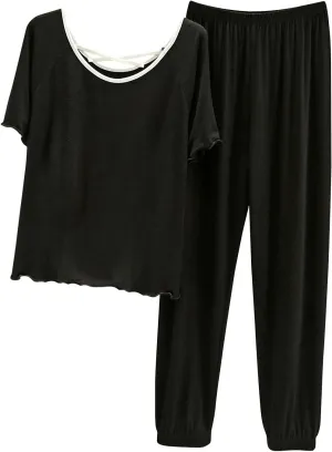Womens Pajama Sets Short Sleeve Sleepwear V Neck Tops and Elastic Waist Sweatpants Lounge Set Summer 2 Piece Outfits