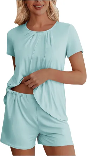 Womens Pajama Sets Shorts 2 Piece Summer Short Sleeve Pjs Set Irregular Hem Lounge Sets Soft Sleepwear with Pockets