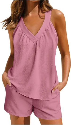 Womens Pajama Sets Summer Ribbed Knit 2 Piece Lounge Set Flowy Tank Top Loose Shorts Sleepwear Cute Pj Set Loungewear