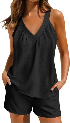 Womens Pajama Sets Summer Ribbed Knit 2 Piece Lounge Set Flowy Tank Top Loose Shorts Sleepwear Cute Pj Set Loungewear
