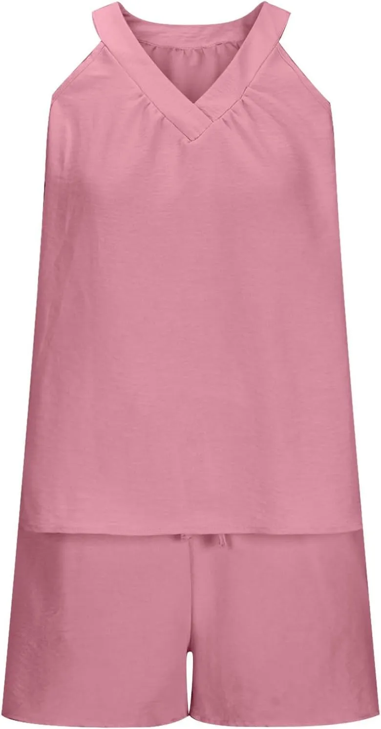 Womens Pajama Sets Summer Ribbed Knit 2 Piece Lounge Set Flowy Tank Top Loose Shorts Sleepwear Cute Pj Set Loungewear