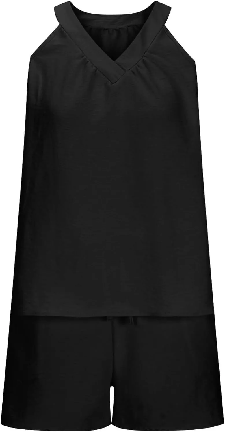 Womens Pajama Sets Summer Ribbed Knit 2 Piece Lounge Set Flowy Tank Top Loose Shorts Sleepwear Cute Pj Set Loungewear