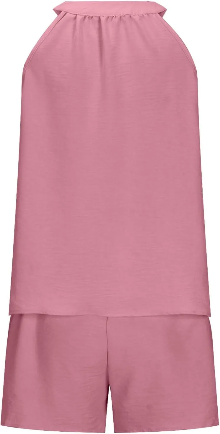 Womens Pajama Sets Summer Ribbed Knit 2 Piece Lounge Set Flowy Tank Top Loose Shorts Sleepwear Cute Pj Set Loungewear