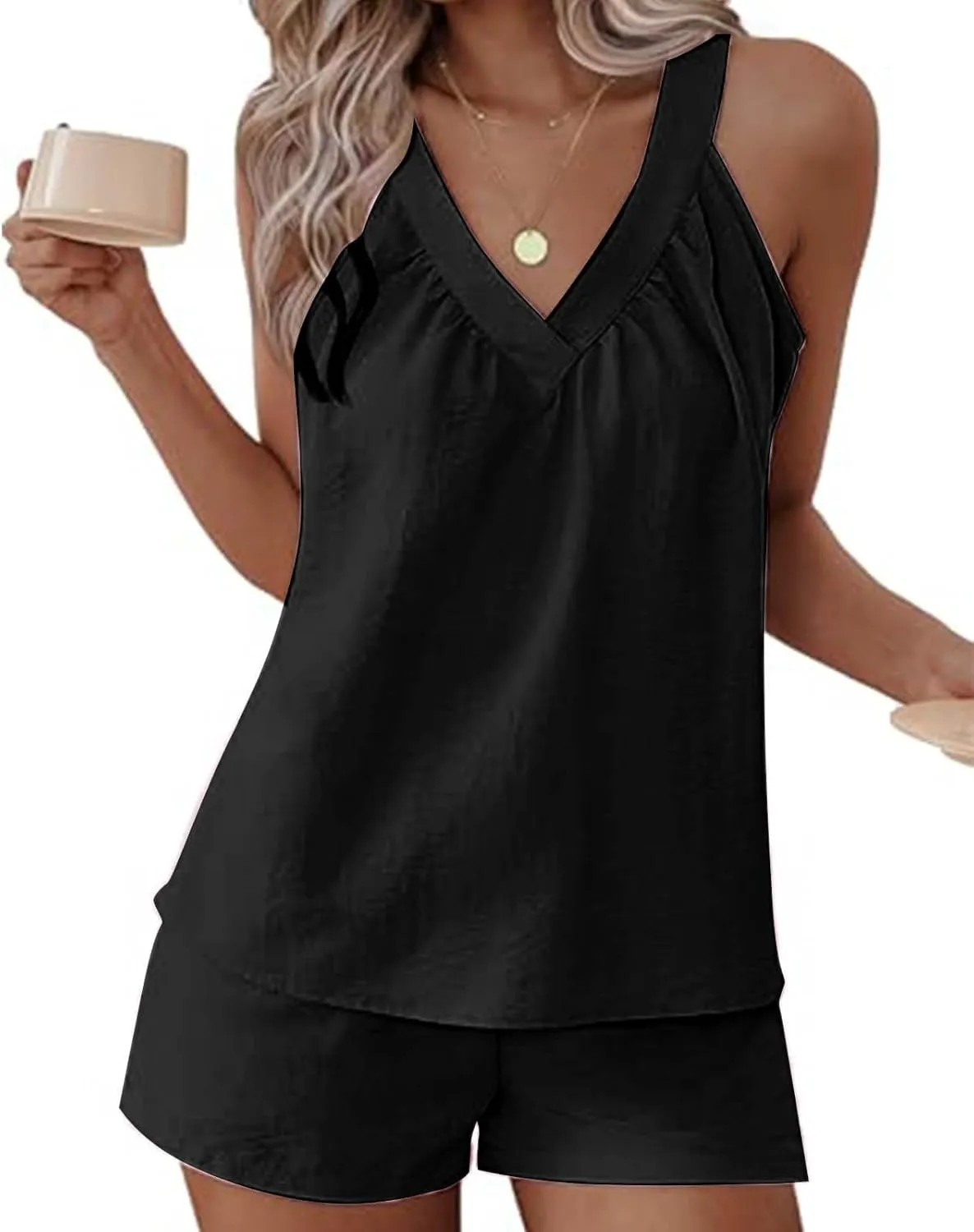Womens Pajama Sets Summer Ribbed Knit 2 Piece Lounge Set Flowy Tank Top Loose Shorts Sleepwear Cute Pj Set Loungewear