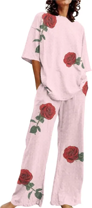 Womens Pajama Sets Women Suitable Summer O Neck Loose Short Sleeve Floral Print Top Shirt Ladies Pjs Sets with