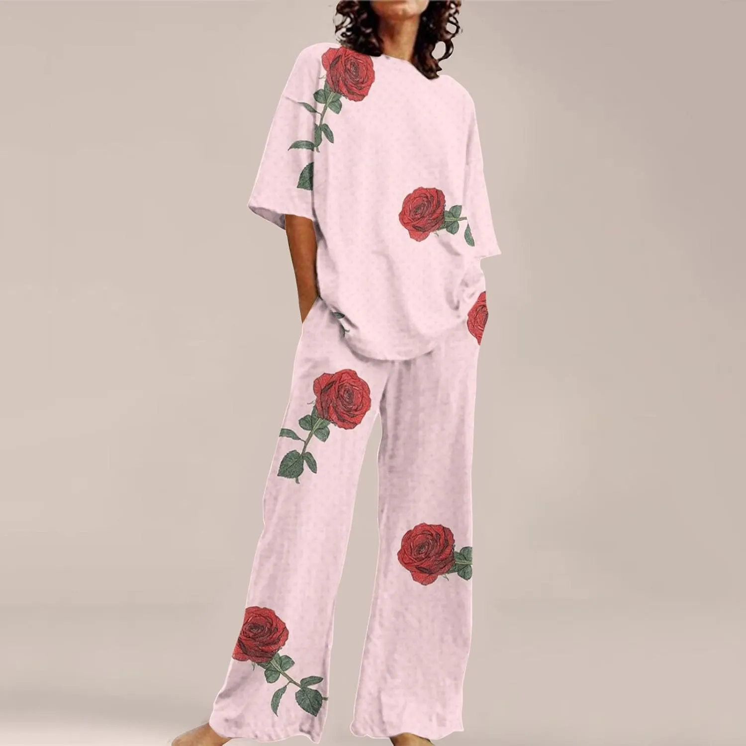 Womens Pajama Sets Women Suitable Summer O Neck Loose Short Sleeve Floral Print Top Shirt Ladies Pjs Sets with