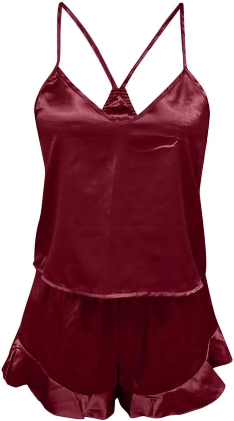 Womens Pajama Sets Women's Sexy Silk Satin Ruffled Pajamas Sets Shorts Sets Sleepwear Satin Tops and Capri Pants Pjs
