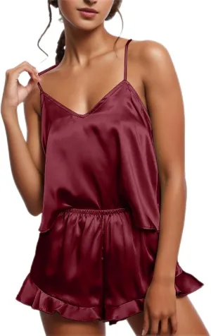 Womens Pajama Sets Women's Sexy Silk Satin Ruffled Pajamas Sets Shorts Sets Sleepwear Satin Tops and Capri Pants Pjs